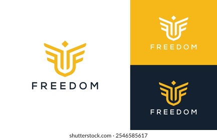 Freedom Logo Design, Conceito de letra gráfica F, Ícone de Vetor de asa de escudo.