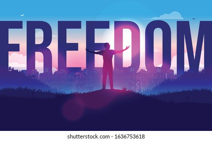 Freedom - Man standing with arms raised doing a freedom pose, looking towards the city at sunrise. Blue and pink sky, beautiful view. Feeling free, opportunities, achievement concept. Vector.