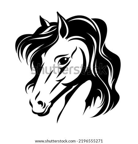 Freedom mastang head. Vector free farm horse drawing element, fast stallion black silohuette, stylized equine with beautiful lush sketch image