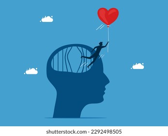 Freedom of mind. Businesswoman escapes from brain prison with heart balloons