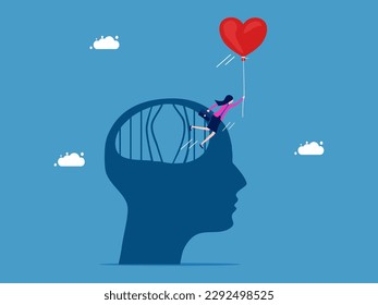 Freedom of mind. Businesswoman escapes from brain prison with heart balloons