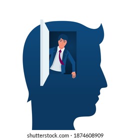 Freedom of mind. Get out of the closed mind, business metaphor. Open the door to a world of possibilities. Vector illustration flat design. Isolated on white background.