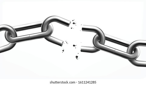 Freedom monochrome design concept with broken steel chain links on white background realistic vector illustration