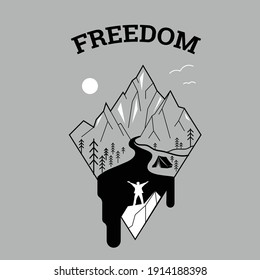 Freedom, mountains. A man stands on the rock with hands up. Black and white illustration with a person, male and the wild nature. Forest, river, outdoor, park. Print design