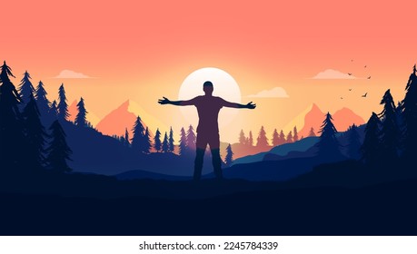 Libertad de escape de la naturaleza - Hombre con los brazos abiertos en la naturaleza mirando el amanecer y sintiéndose totalmente libre. Ilustración del vector