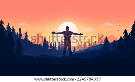 Freedom nature escape - Man with open arms in nature looking at sunrise and feeling totally free. Vector illustration