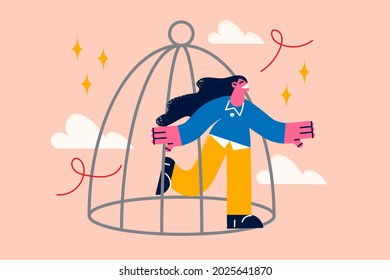 Freedom and new life opportunities concept. Young smiling woman running out of cage feeling confident and full of energy and ideas vector illustration 