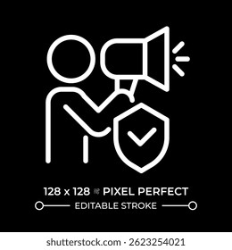 Freedom of opinion and information pixel perfect white line icon in negative space. Free thoughts expression. Human rights protection. Monochrome linear symbol on black background. Editable stroke