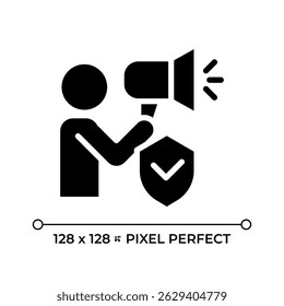 Freedom of opinion and information pixel perfect glyph solid icon. Free thoughts expression. Human rights protection. Black silhouette symbol on negative space. Vector isolated illustration