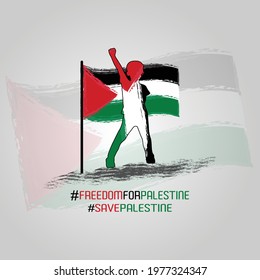 Freedom For Palestine, Save Palestine, A Boy Raise Hand For Freedom With Palestine Flag Vector illustration, T Shirt, Social Media Banner Template