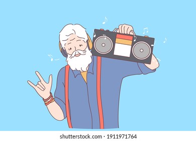 Freedom, party, having fun concept. Grey haired positive grandfather cartoon character dancing on blue background and holding record player on shoulder listening to music 