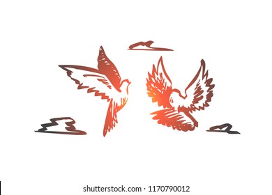 Freedom, peace, couple, flight, birds concept. Hand drawn flying birds as symbol of freedom concept sketch. Isolated vector illustration.