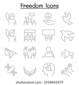 Freedom, peace, protest, demonstration icon set in thin line style