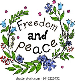 Freedom and peace text design vector cornflowers bells leaves