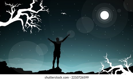 freedom, Person standing in front of sun with arms out, silhouette of a person in the night, feeling free