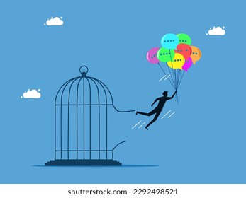 Freedom to receive information. man escapes from prison with speech bubble balloons