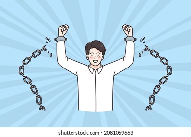 Freedom and releasing from chains concept. Young positive man standing smiling with hands raised up and broken chains feeling excited and free vector illustration 