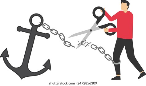 Freedom, relief or escape from bad habit, psychology anchoring effect or cut heavy burden to growing more concept, businessman cut chain himself with big heavy anchor.

