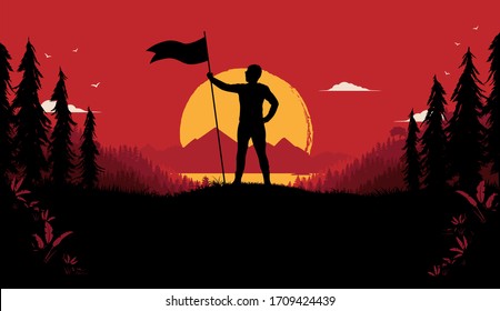 Freedom revolution - Proud man on hilltop holding a flag. Nature landscape, sunset and red sky in background. Motivational winner, success and power concept. Vector illustration.