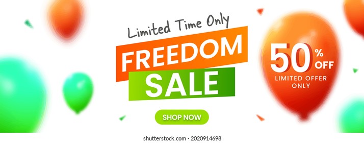 Freedom Sale Banner Or Header Design With 50% Discount Offer And Balloons On White Background.