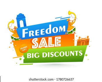 Freedom Sale Poster Design With Big Discount Offer, India Famous Monuments And Men Blowing Tutari Horn On White Background.