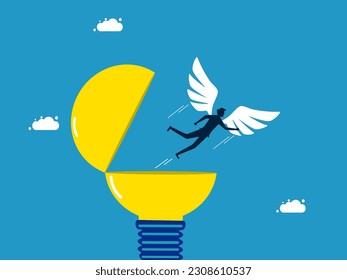 Freedom to seek knowledge. Businessman with wings flying freely out of a light bulb