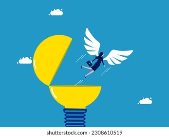 Freedom to seek knowledge. Businesswoman with wings flying freely out of a light bulb