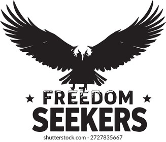 Freedom Seekers vintage emblema de águia com estrelas e tipografia ousada.