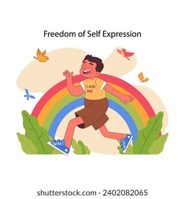 Freedom of self expression concept. Joyful child with rainbow on background, surrounded by singing birds and butterflies, symbolizing happiness of being authentic oneself. Flat vector illustration