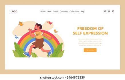 Freedom of self expression web or landing. Joyful child with rainbow surrounded by singing birds and butterflies, symbolizing happiness of being authentic oneself. Flat vector illustration