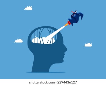 Freedom and self unlocking strategies. Businessman escaping from prison with chess knight vector