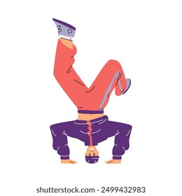 The freedom of self-expression of a breakdance dancer is captured in vector graphics. An illustration with a guy standing in an elaborate dance stance on his head