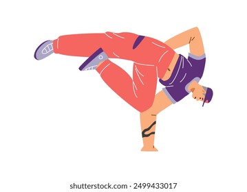 The freedom of self-expression of a breakdance dancer is captured in vector graphics. Vector illustration with a young guy standing in an elaborate dance handstand