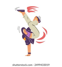 La libertad de autoexpresión de un bailarín de breakdance se captura en los gráficos de Vector. Ilustración vectorial con una mujer que realiza una pose deportiva de baile callejero