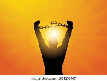 Freedom. Silhouette of man breaking chains in handcuffs. Vector illustration