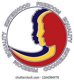 Freedom. Sisterhood. Feminism. Gender equality. Set of female face silhouettes. Colorful vector icon illustration.
