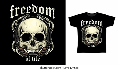 Freiheitsschädel mit Kanonen detailliert Vektorgrafik T-Shirt-Design