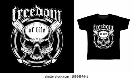 Freedom skull head with mask and wood bats vector illustration t-shirt design