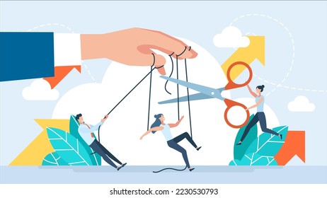 Freedom from slavery. Colleagues helps woman get rid of manipulative boss. Girl with scissors cutting strings of puppet. Team helps girl become free and independent from puppeteer. Vector illustration