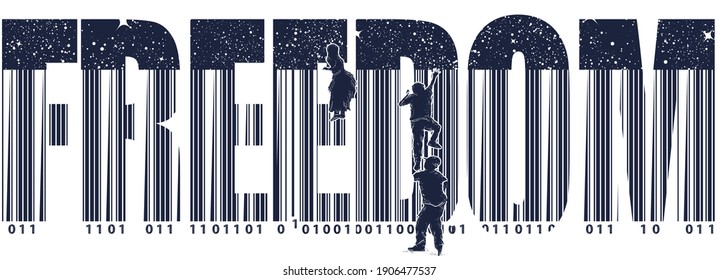 Lema de la libertad. Código de barras. Los niños trepan por encima de la valla. Símbolo de libertad y esclavitud, sociedad de consumo, globalización, futuro de la humanidad, mundo digital, hermano mayor. Gráfico surrealista en blanco y negro