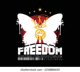 freedom slogan with dripping butterfly and smiley face vector illustration on black background for t shirt design, street wear, hoodie, urban style.
