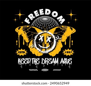 freedom slogan modern abstract poster butterfly with smile face In Y2K style, stylish print for streetwear, print for t-shirts and hoodies, isolated on black background