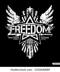 Freedom slogan, t shirt graphics, tee print design. Winged star, trend black white pattern