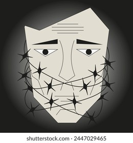 Freedom Speach concept. Geometric human Head wrapped barbed wire on black  background. Independent journalist logo. Vector illustration can used web banner, flyer, poster design EPS 10 Editable stroke