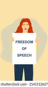Freedom of speech concept. A female activist holding a poster. A young woman while being in protest. Freedom, revolution, protest. Motivation illustration. Feminism.
