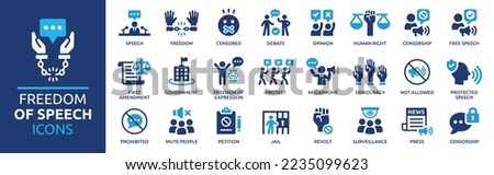 Freedom of speech icon set. Free speech message symbol concept. Democracy, censorship, press, human right icons. Solid icon collection. Foto stock © 