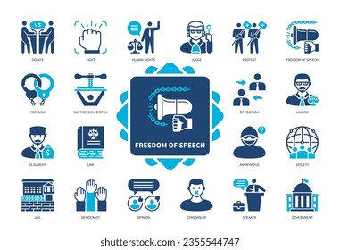 Freedom of speech icon set. Protest, Anonymous, Freedom, Human Rights, Censorship, Opinion, Democracy, Government. Duotone color solid icons