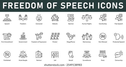 Freedom of Speech Icons vector illustration with thin line editable stroke contains censored debate opinion human right press revolt jail petition mute people prohibited democracy protest