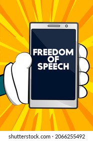 Freedom of Speech text on Smartphone screen. Cartoon vector illustrated mobile phone.