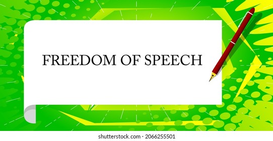 Freedom of Speech text on white paper with pen. Cartoon vector illustration.